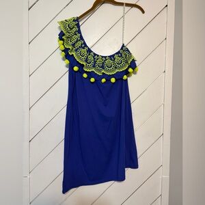 Lilly Pulitzer One Shoulder Dress in Blue and Neon Green